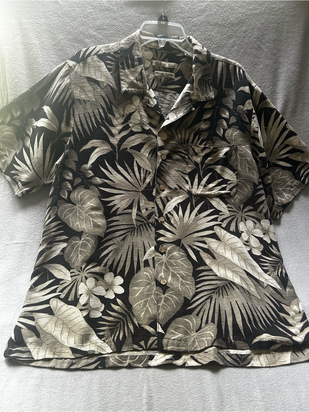 Batik Bay 100% Silk Hawaiian Camp Shirt Mens Large Tropical Floral Black Tan